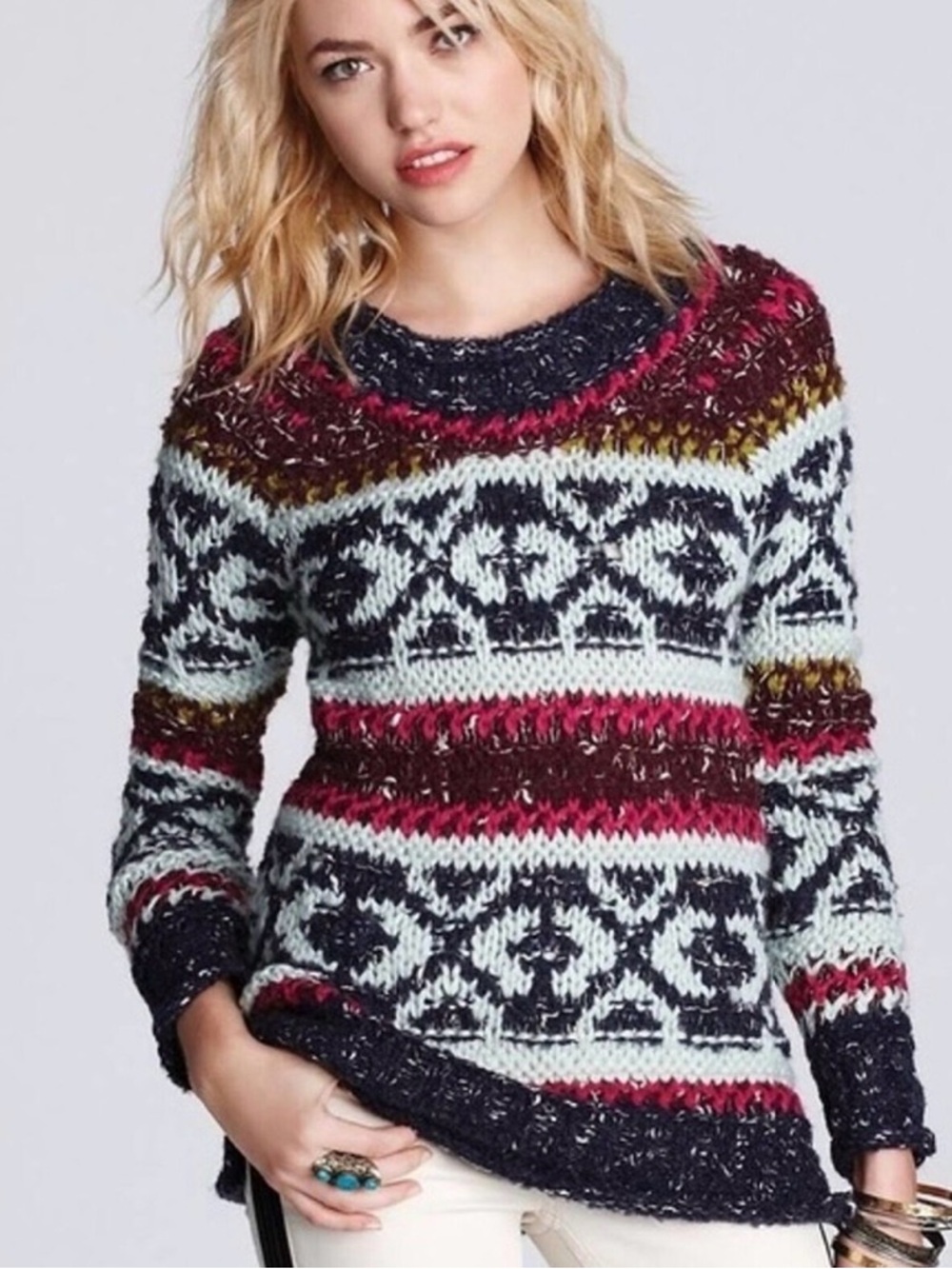 Free People Silver Reed Fair Isle Sweater Oversized Chunky Knit Wool Blend Small